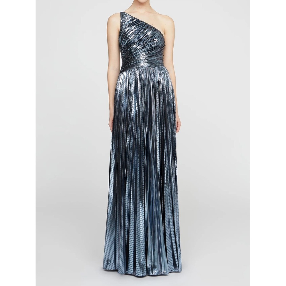 Halston Heritage Terese Metallic Pleated One Shoulder Gown Silver Gray Size 4